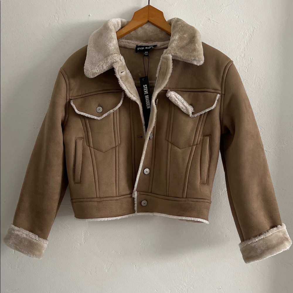 NWT Steve Madden Marie Coat Natural Tan Faux Fur Suede Jacket size XS - Picture 5 of 11